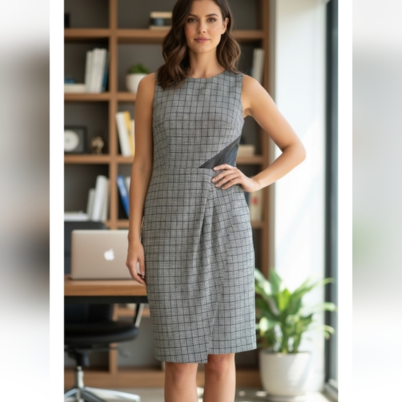 NUE by Shani black/white houndstooth‎ checkered Shaoewear sheath midi dress NWT